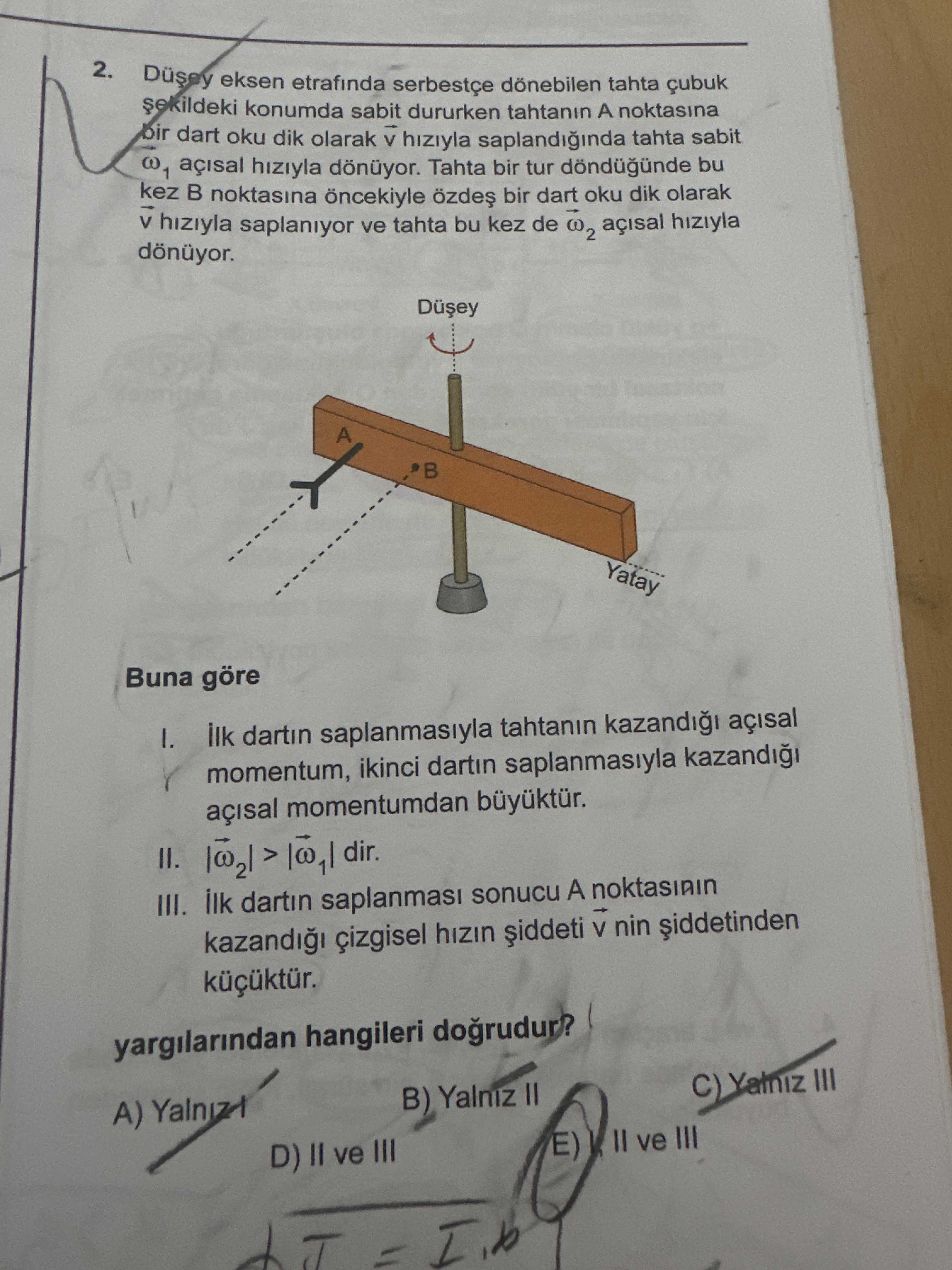 Düşey eksen etrafında serbestçe dönebilen tahta çubuk şekildeki konumda sabit dururken tahtanın A