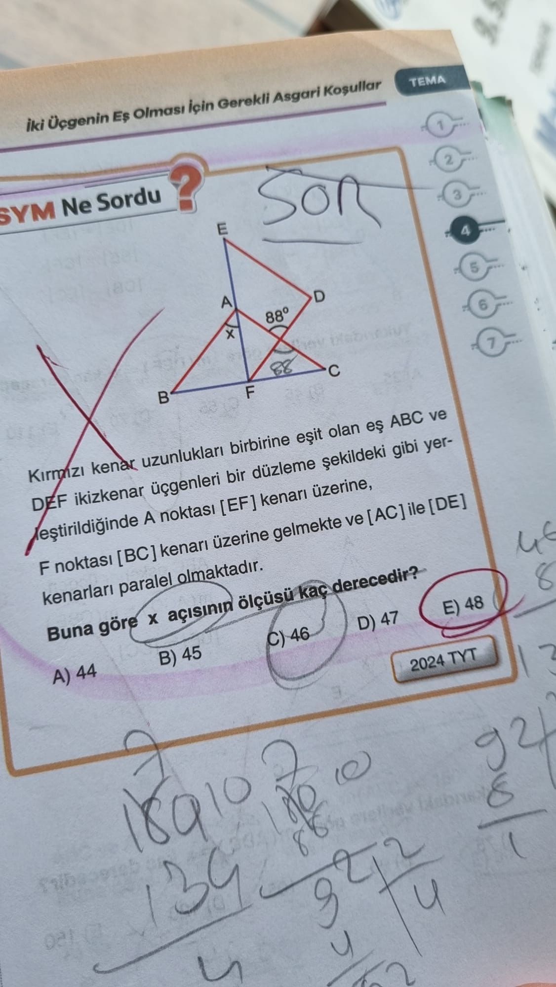üzerinde, F noktası [BC] üzerinde, 88° açısı D köşesinde, x açısı A köşesinde gösterilmiş] Kırmızı
