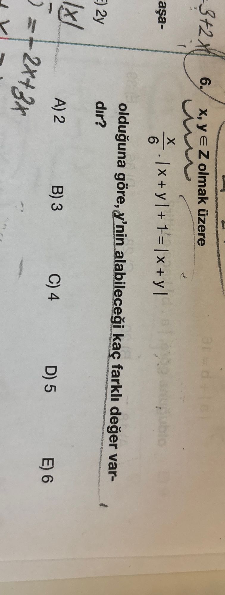 x, y ∈ Z olmak üzere x/6 · |x + y| + 1 = |x + y| olduğuna göre, y'nin alabileceği kaç farklı değer