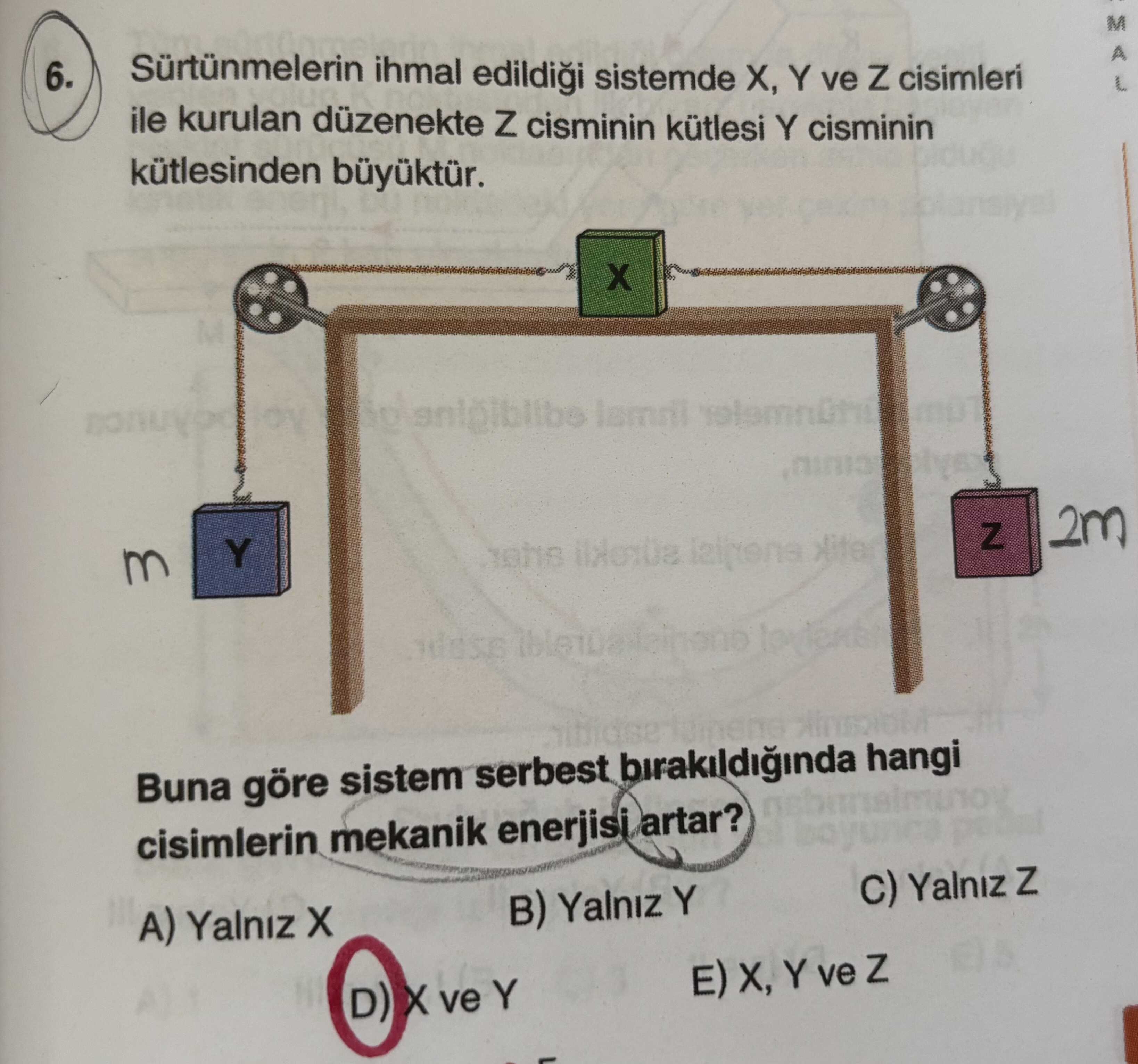 Sürtünmelerin ihmal edildiği sistemde X, Y ve Z cisimleri ile kurulan düzenekte Z cisminin kütlesi Y