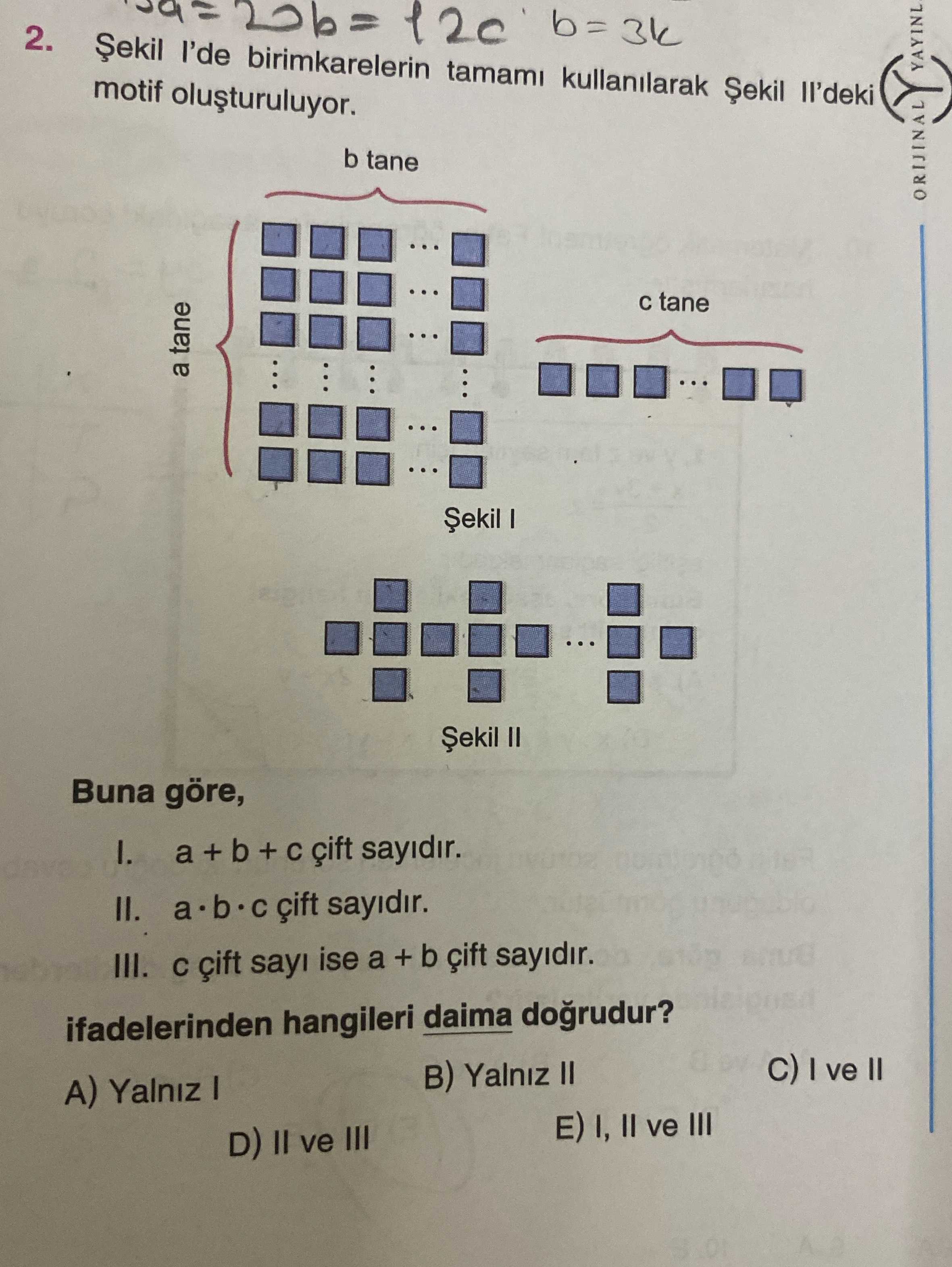 Şekil I'de birimkarelerin tamamı kullanılarak Şekil II'deki motif oluşturuluyor. Buna göre, I. a + b