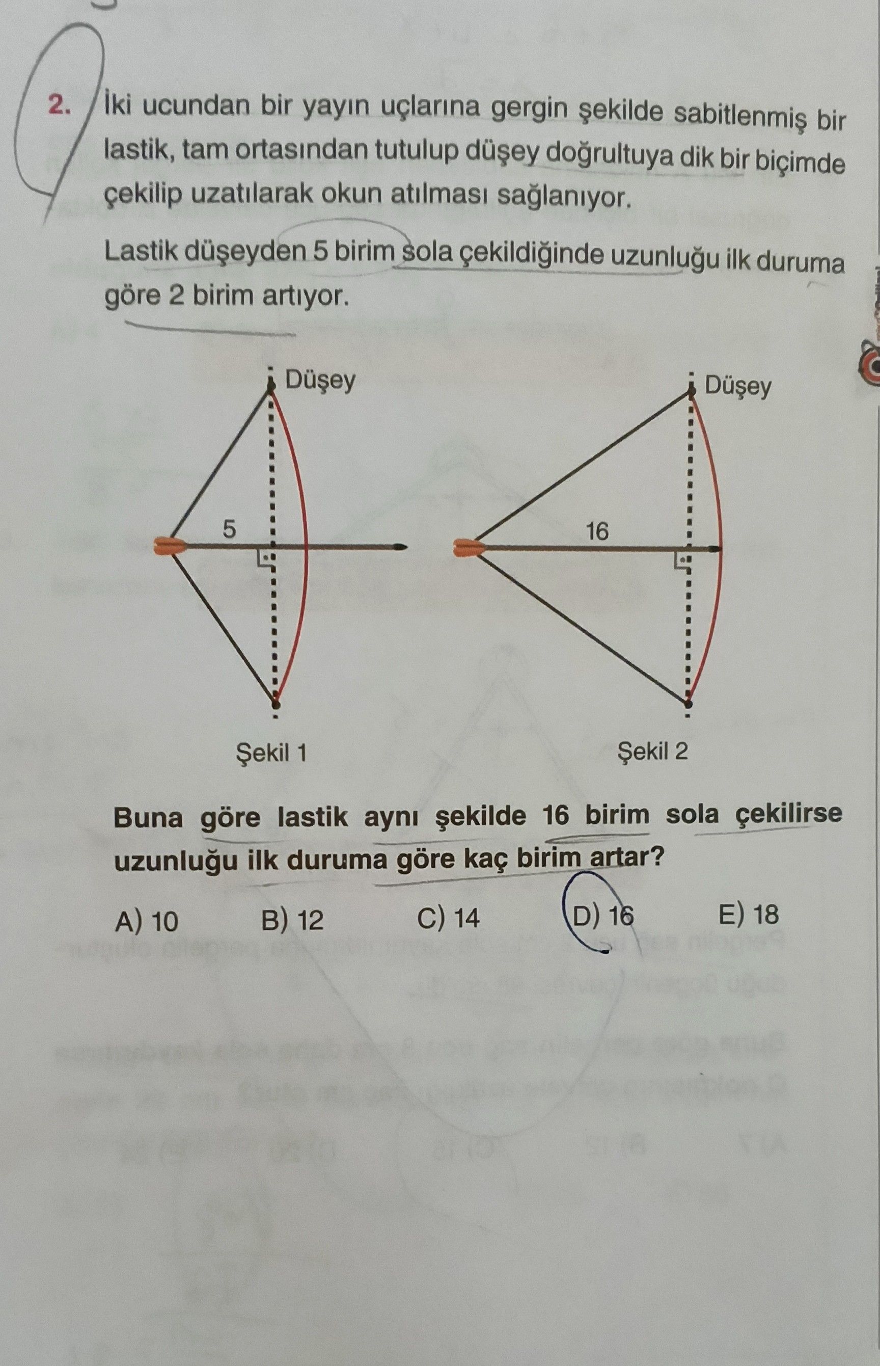 İki ucundan bir yayın uçlarına gergin şekilde sabitlenmiş bir lastik, tam ortasından tutulup düşey