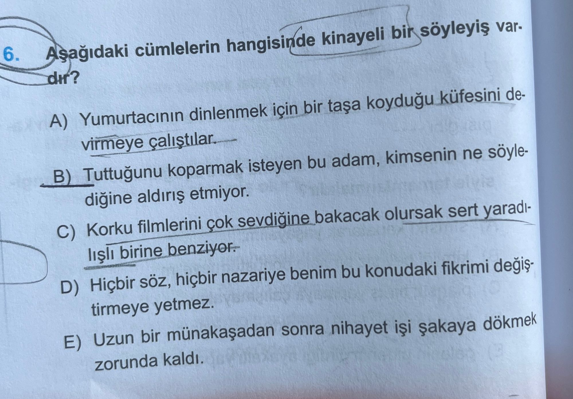 Aşağıdaki cümlelerin hangisinde kinayeli bir söyleyiş vardır?