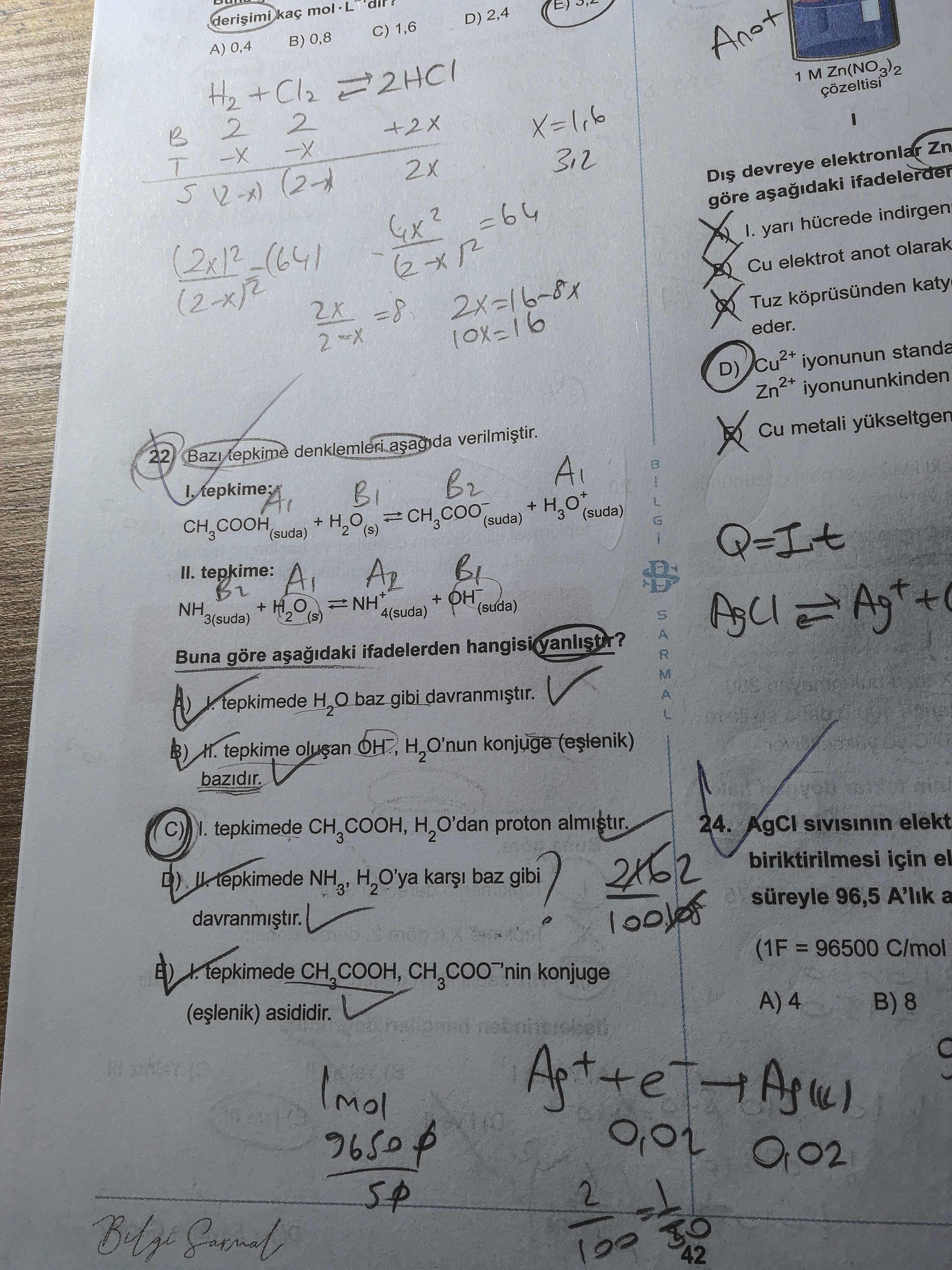 Bazı tepkime denklemleri aşağıda verilmiştir. I. tepkime: CH₃COOH(suda) + H₂O(s) ⇌ CH₃COO⁻(suda) +