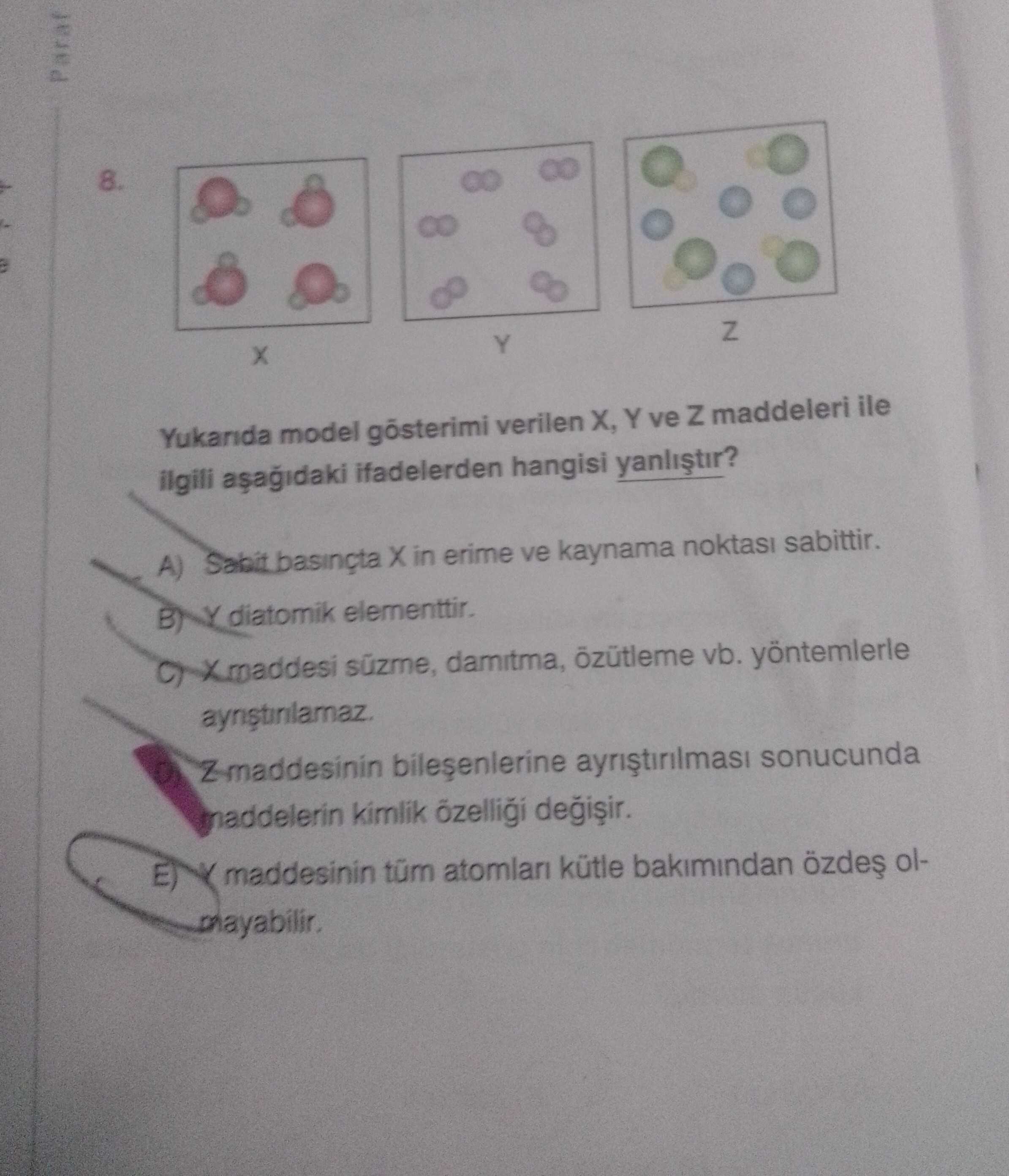 Yukarıda model gösterimi verilen X, Y ve Z maddeleri ile ilgili aşağıdaki ifadelerden hangisi