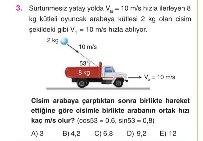 Sürtünmesiz yatay yolda V_a = 10 m/s hızla ilerleyen 8 kg kütleli oyuncak arabaya kütlesi 2 kg olan