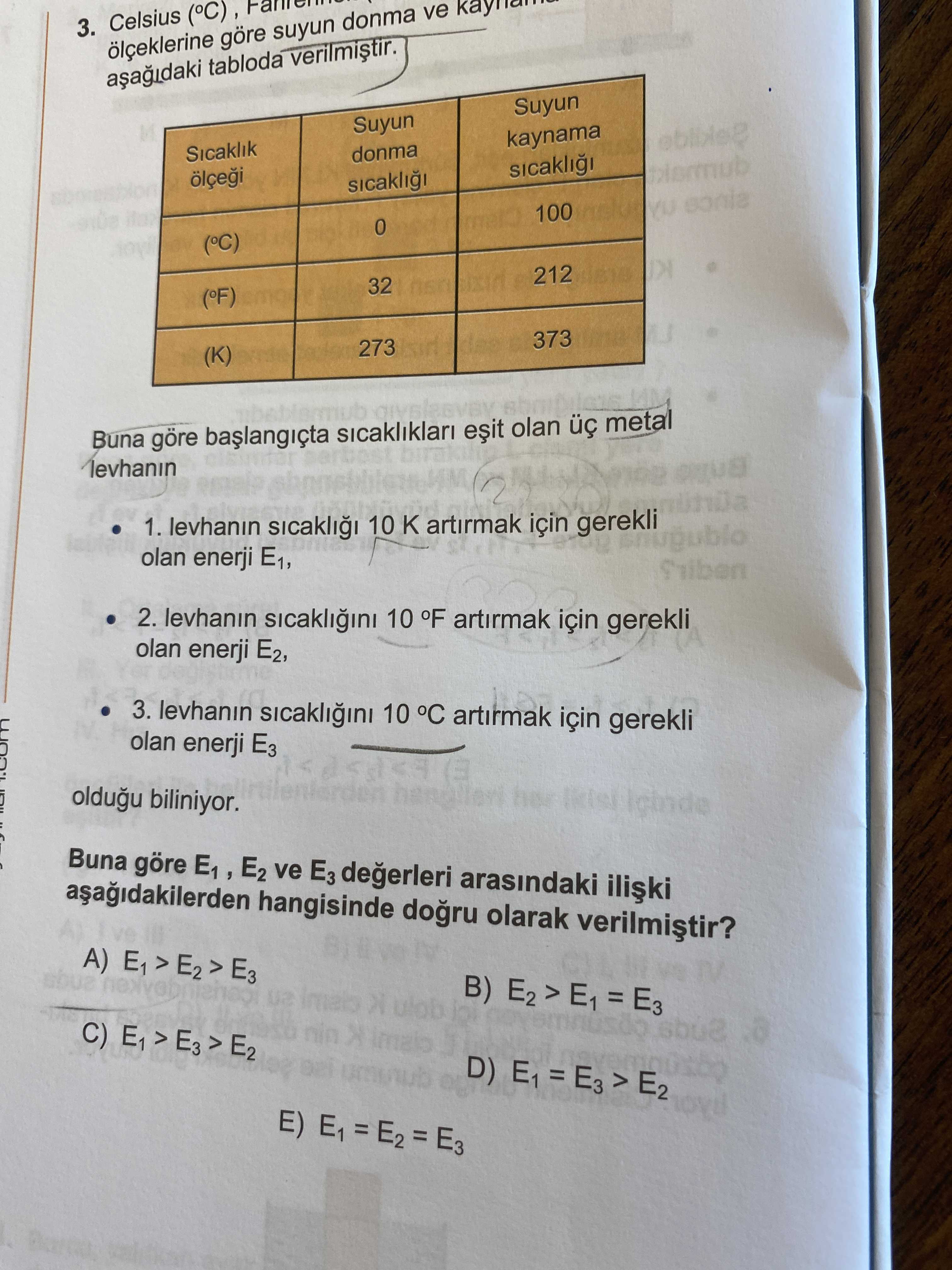 Celsius (°C), Fahrenheit... ölçeklerine göre suyun donma ve kaynama sıcaklıkları aşağıdaki tabloda