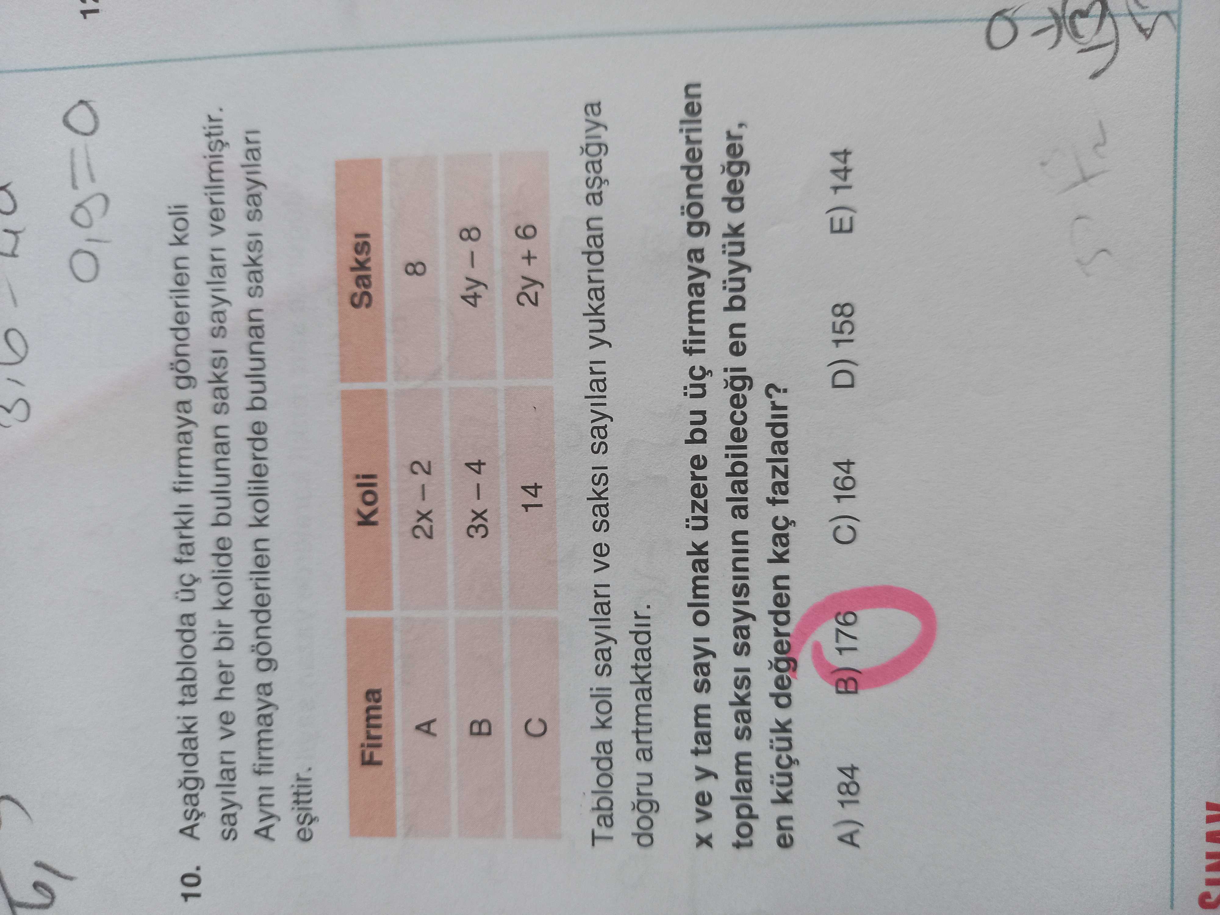 10. tabloda farkli firmaya gönderilen koli sayilan ve her bir kolide bulunan saksi firmaya gönderilen kolilerde bulunan saksi sayilari Saksi Koli Firma 8 A 4y -8 14 2y + 6 Tabloda koli ve saksi sayilari yukaridan artmaktadir. ve y tam sayi olmak üzere bu firmaya gönderilen toplam saksi sayisinin en büyuk deger, en degerden kaç fazladir. E) 144 D) 158 C) 164 B) 176 A) 184 10. E) 144 D) 158 C) 164 B) 176 A) 184. ?? Model.Question.title