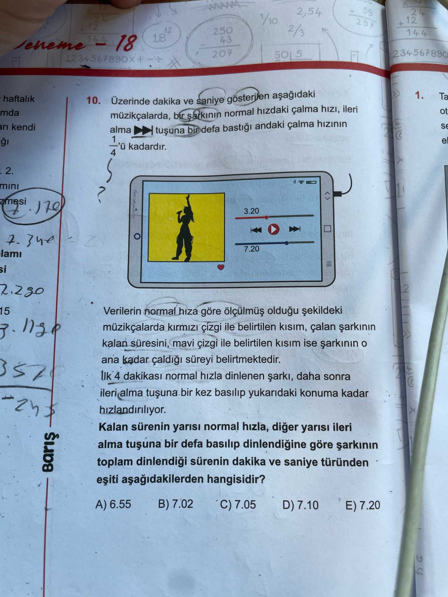 Üzerinde dakika ve saniye gösterilen aşağıdaki müzikçalarda, bir şarkının normal hızdaki çalma hızı