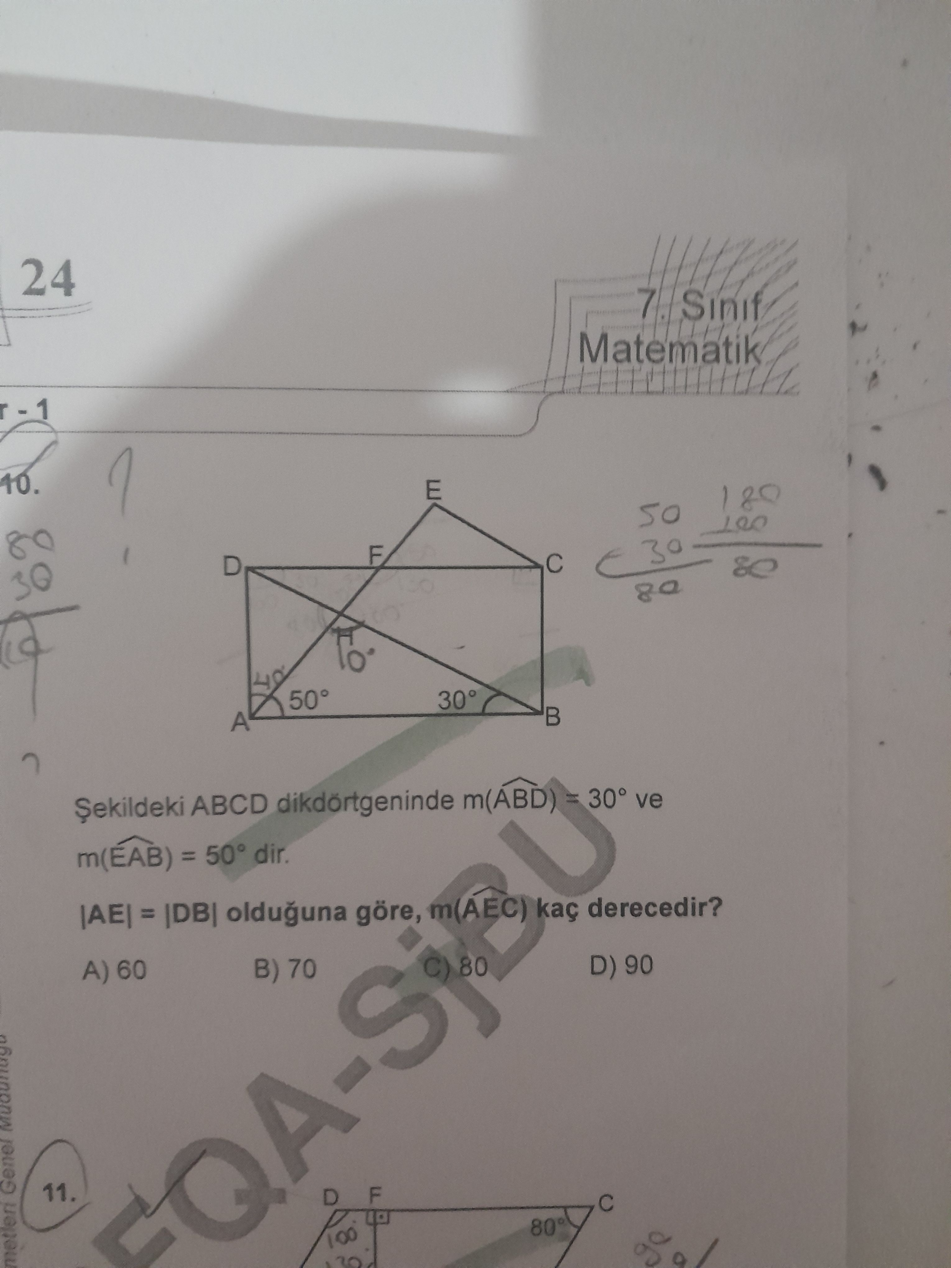 Şekildeki ABCD dikdörtgeninde m(ÂBD) = 30° ve m(ÊAB) = 50° dir. |AE| = |DB| olduğuna göre, m(ÂEC)