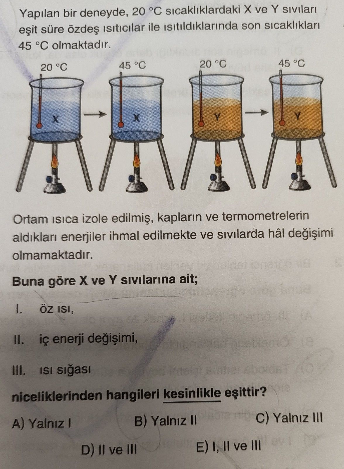 Yapılan bir deneyde, 20 °C sıcaklıklardaki X ve Y sıvıları eşit süre özdeş ısıtıcılar ile