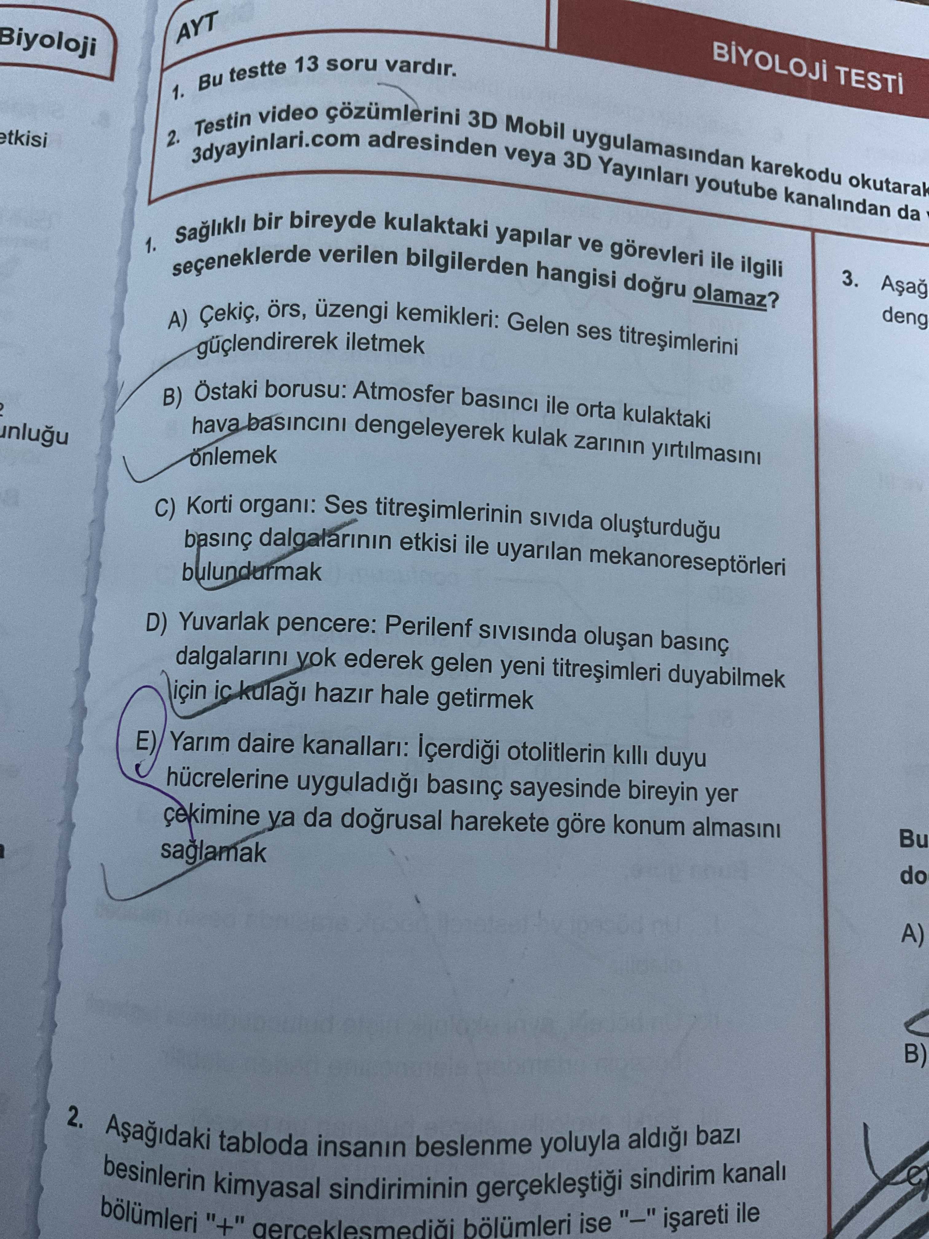 Sağlıklı bir bireyde kulaktaki yapılar ve görevleri ile ilgili seçeneklerde verilen bilgilerden