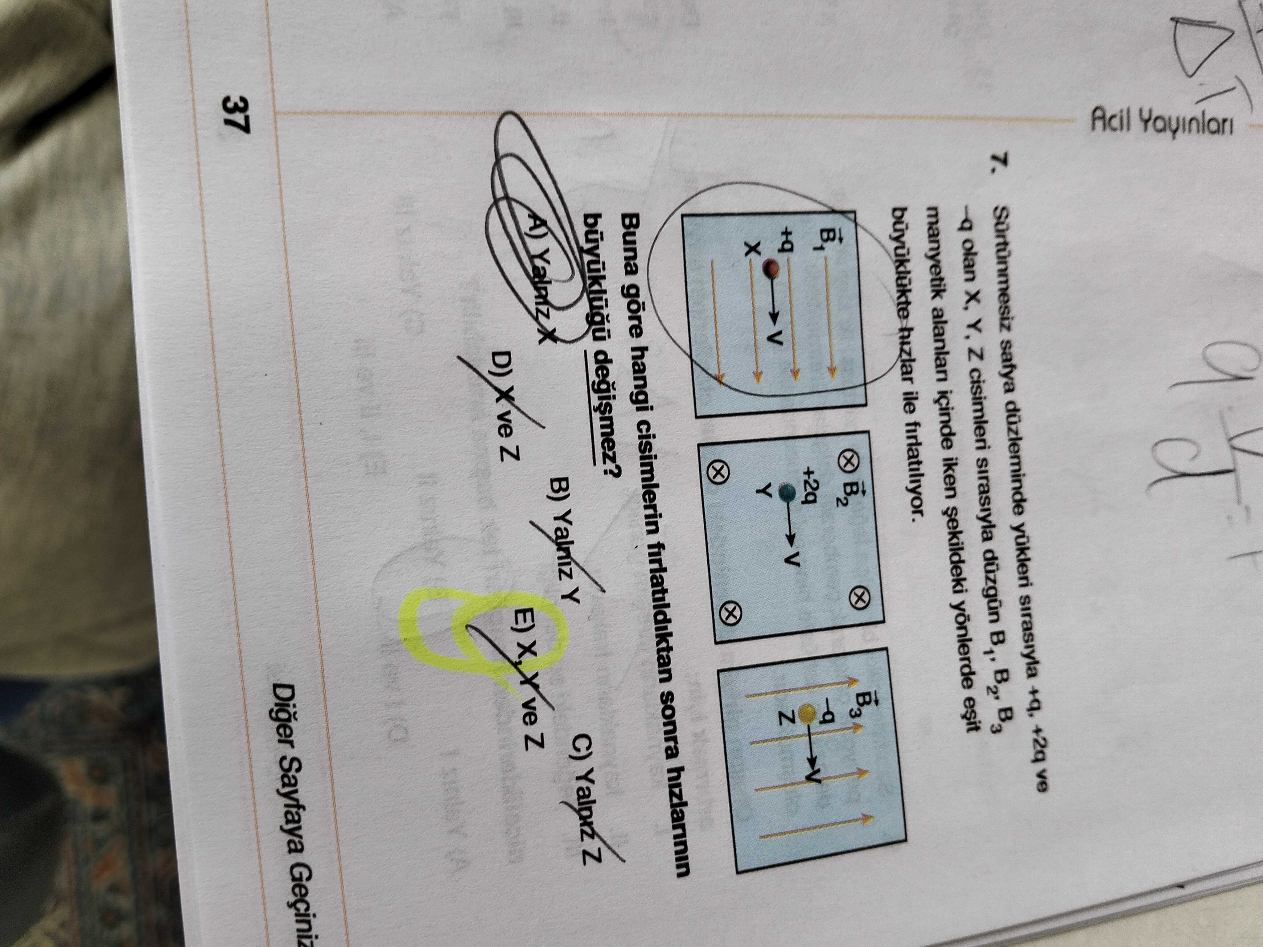 Sürtünmesiz sayfa düzleminde yüklen sırasıyla +q, +2q ve -q olan X, Y, Z cisimleri sırasıyla düzgün