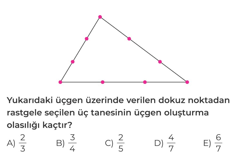 Yukarıdaki üçgen üzerinde verilen dokuz noktadan rastgele seçilen üç tanesinin üçgen oluşturma