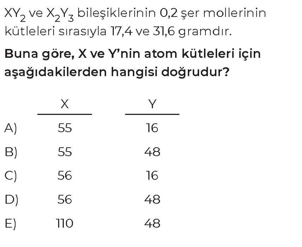 XY₂ ve X₂Y₃ bileşiklerinin 0,2 şer mollerinin kütleleri sırasıyla 17,4 ve 31,6 gramdır. Buna göre, X