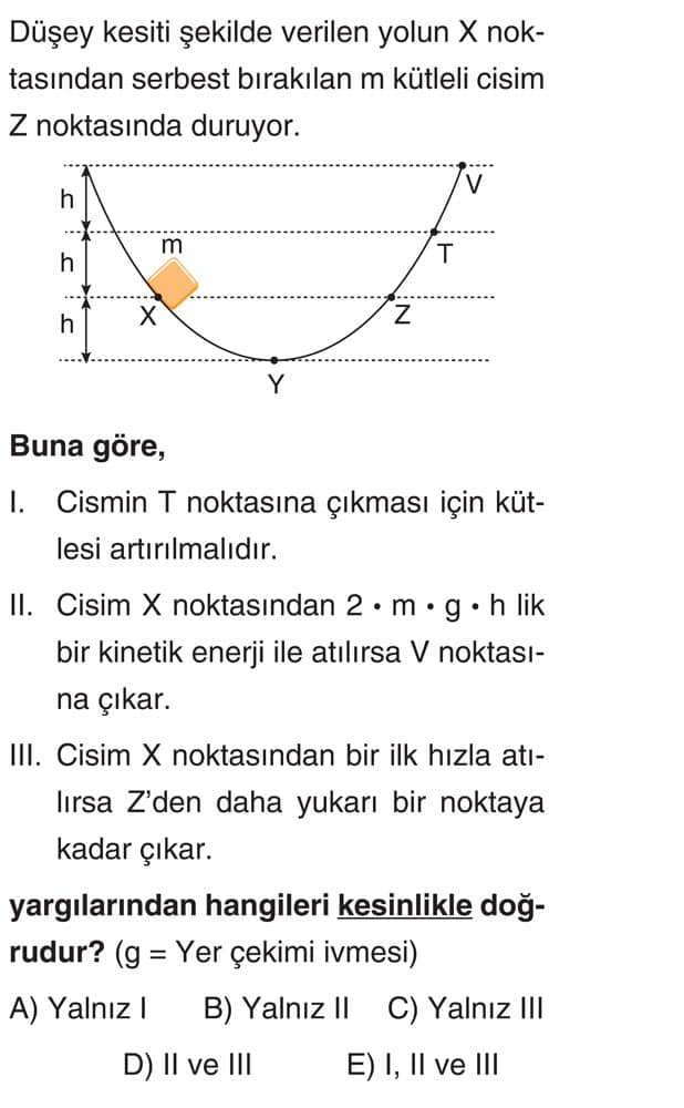 Düşey kesiti şekilde verilen yolun X noktasından serbest bırakılan m kütleli cisim Z noktasında