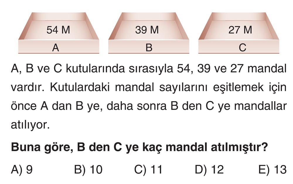A, B ve C kutularında sırasıyla 54, 39 ve 27 mandal vardır. Kutulardaki mandal sayılarını eşitlemek