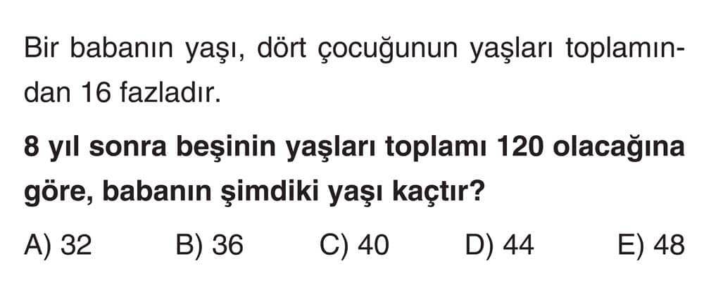 Bir babanın yaşı, dört çocuğunun yaşları toplamından 16 fazladır. 8 yıl sonra beşinin yaşları
