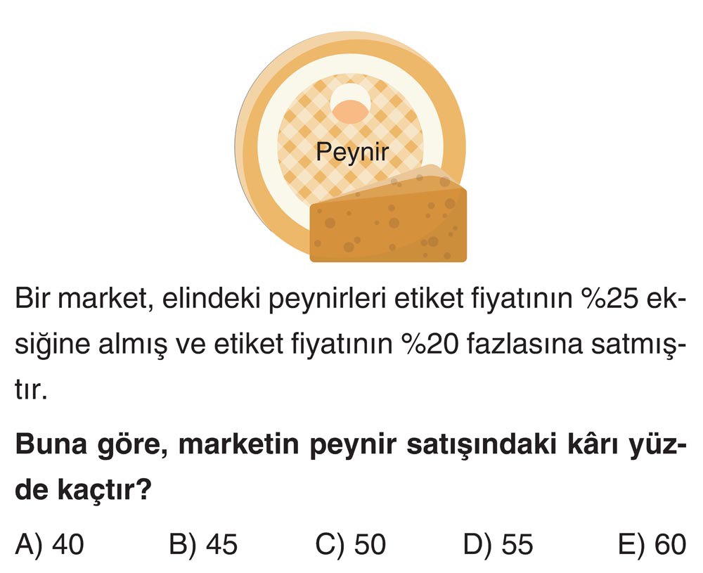 Bir market, elindeki peynirleri etiket fiyatının %25 eksiğine almış ve etiket fiyatının %20