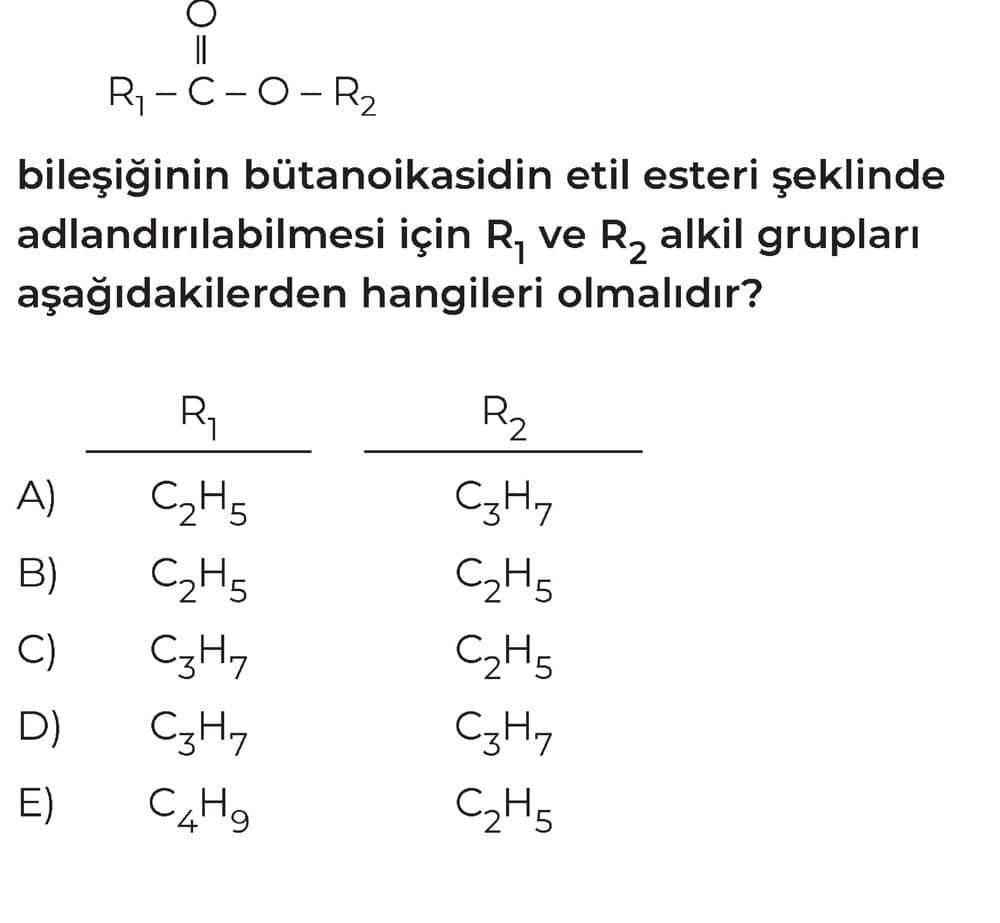 bileşiğinin bütanoikasidin etil esteri şeklinde adlandırılabilmesi için R₁ ve R₂ alkil grupları