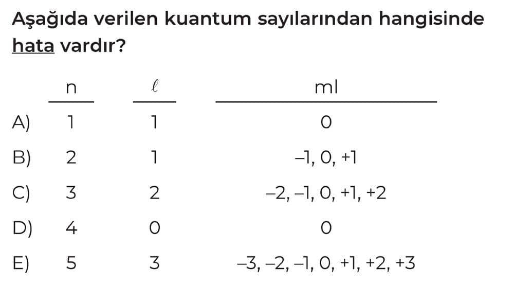 Aşağıda verilen kuantum sayılarından hangisinde hata vardır? n ℓ mℓ