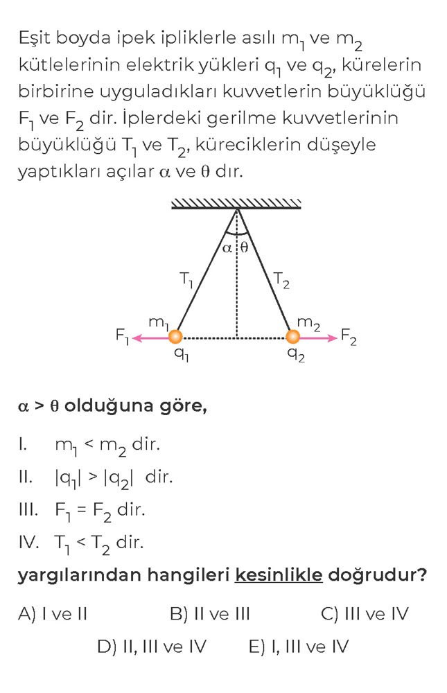 Eşit boyda ipek ipliklerle asılı m₁ ve m₂ kütlelerinin elektrik yükleri q₁ ve q₂, kürelerin