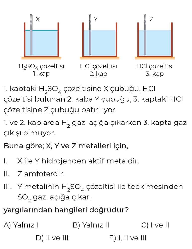 kaptaki H₂SO₄ çözeltisine X çubuğu, HCI çözeltisi bulunan 2. kaba Y çubuğu, 3. kaptaki HCI