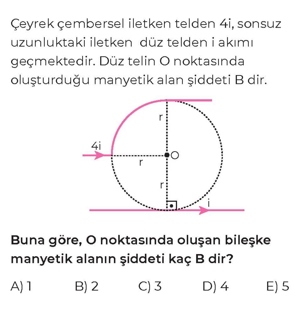 Çeyrek çembersel iletken telden 4i, sonsuz uzunluktaki iletken düz telden i akımı geçmektedir. Düz