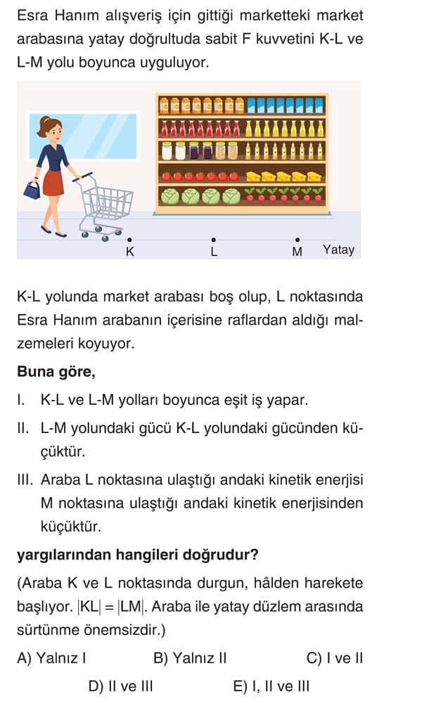 Esra Hanım alışveriş için gittiği marketteki market arabasına yatay doğrultuda sabit F kuvvetini K-L