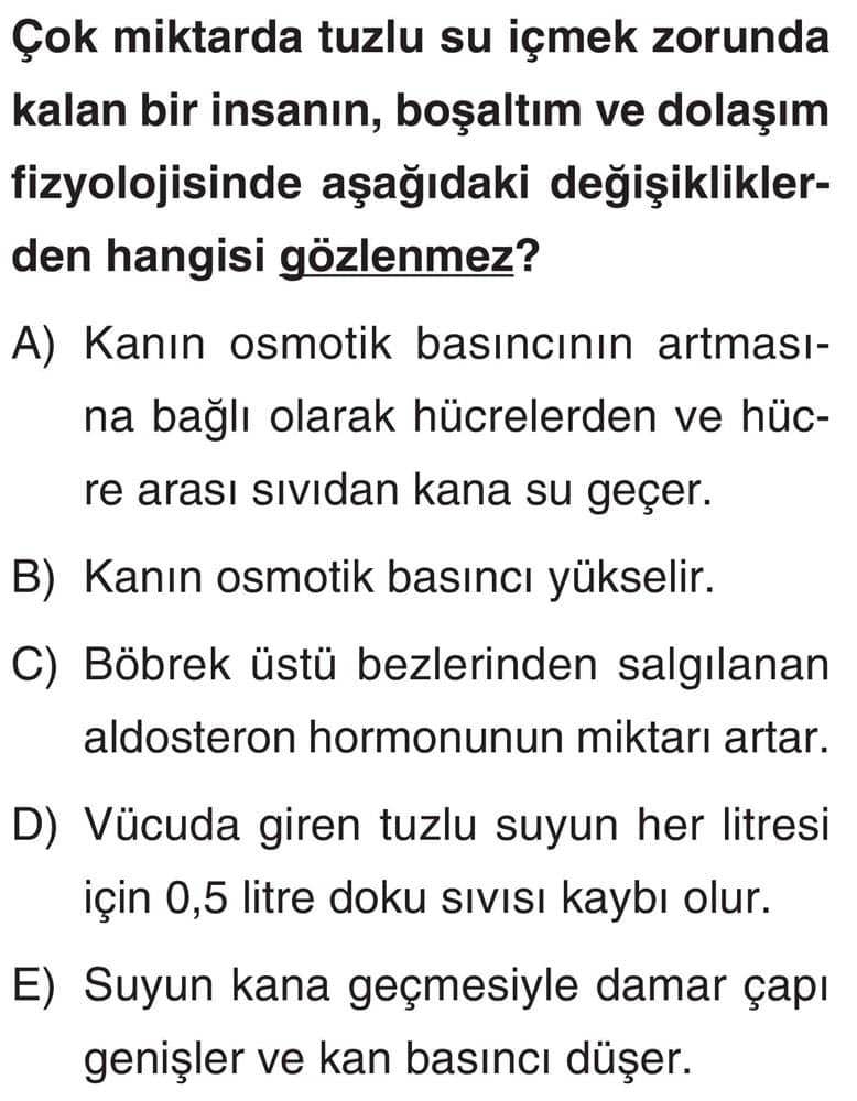 Çok miktarda tuzlu su içmek zorunda kalan bir insanın, boşaltım ve dolaşım fizyolojisinde aşağıdaki