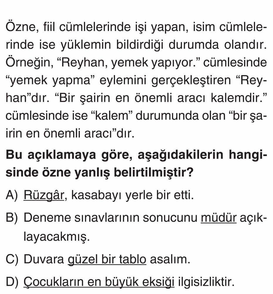 Özne, fiil cümlelerinde işi yapan, isim cümlelerinde ise yüklemin bildirdiği durumda olandır