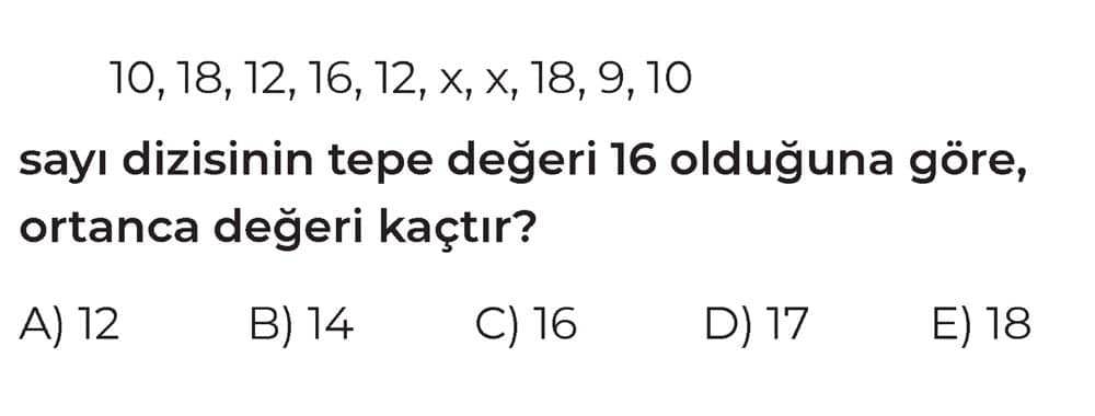 10, 18, 12, 16, 12, x, x, 18, 9, 10 sayı dizisinin tepe değeri 16 olduğuna göre, ortanca değeri