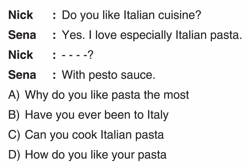 Nick : Do you like Italian cuisine? Sena : Yes. I love especially Italian pasta. Nick : - - - -?