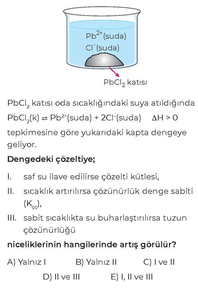 PbCl₂ katısı oda sıcaklığındaki suya atıldığında PbCl₂(k) ⇌ Pb²⁺(suda) + 2Cl⁻(suda) ΔH > 0