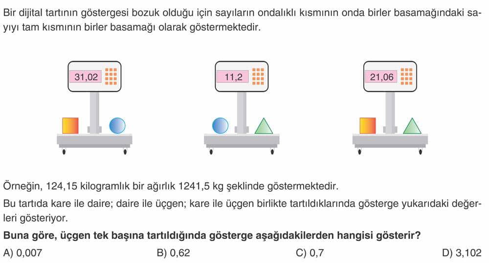 Bir dijital tartının göstergesi bozuk olduğu için sayıların ondalıklı kısmının onda birler