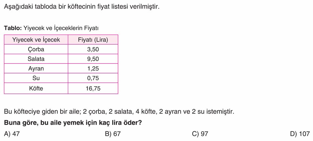 Aşağıdaki tabloda bir köftecinin fiyat listesi verilmiştir. Tablo: Yiyecek ve İçeceklerin Fiyatı