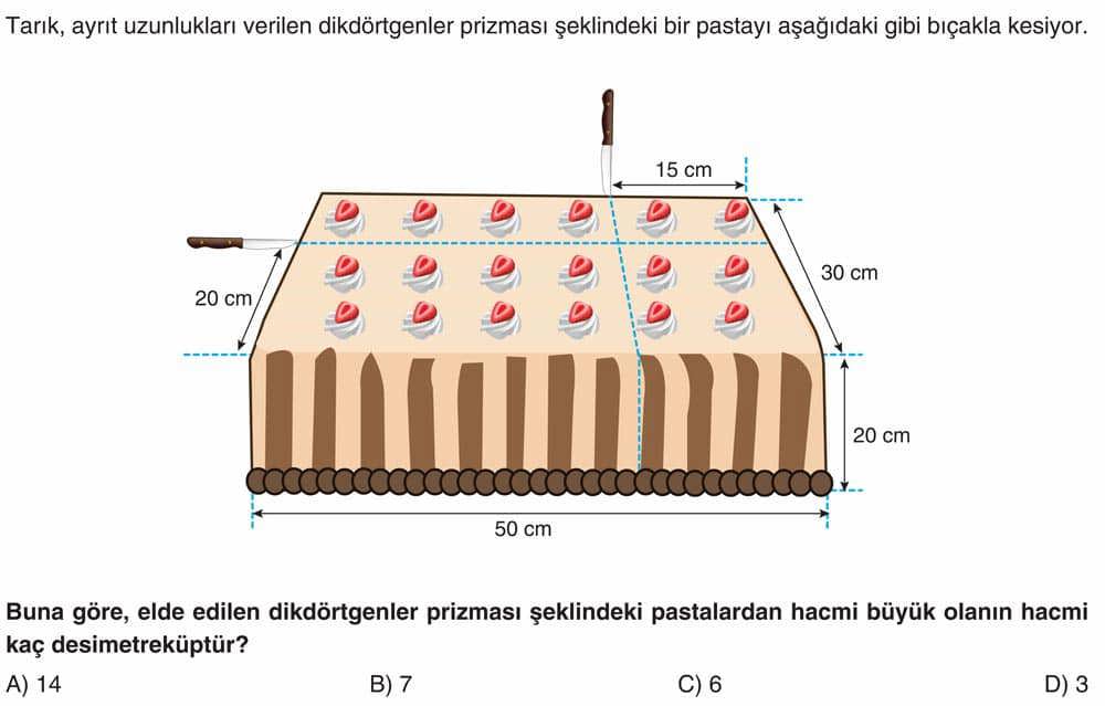 Tarık, ayrıt uzunlukları verilen dikdörtgenler prizması şeklindeki bir pastayı aşağıdaki gibi
