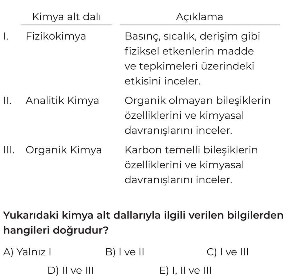 Kimya alt dalı Açıklama I. Fizikokimya Basınç, sıcaklık, derişim gibi fiziksel etkenlerin madde ve