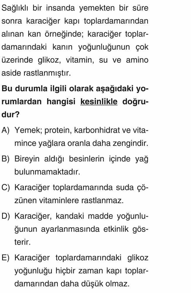 Sağlıklı bir insanda yemekten bir süre sonra karaciğer kapı toplardarlarından alınan kan örneğinde