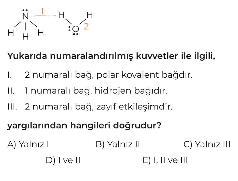Yukarıda numaralandırılmış kuvvetler ile ilgili, I. 2 numaralı bağ, polar kovalent bağdır. II. 1