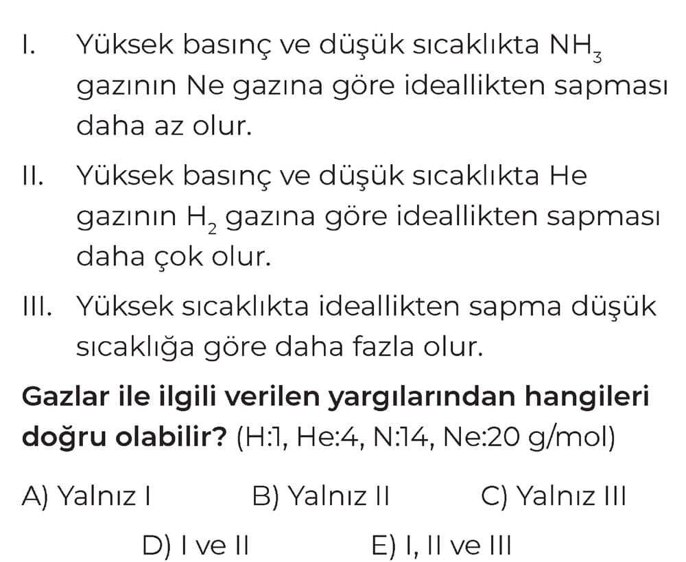 I. Yüksek basınç ve düşük sıcaklıkta NH₃ gazının Ne gazına göre ideallikten sapması daha az olur