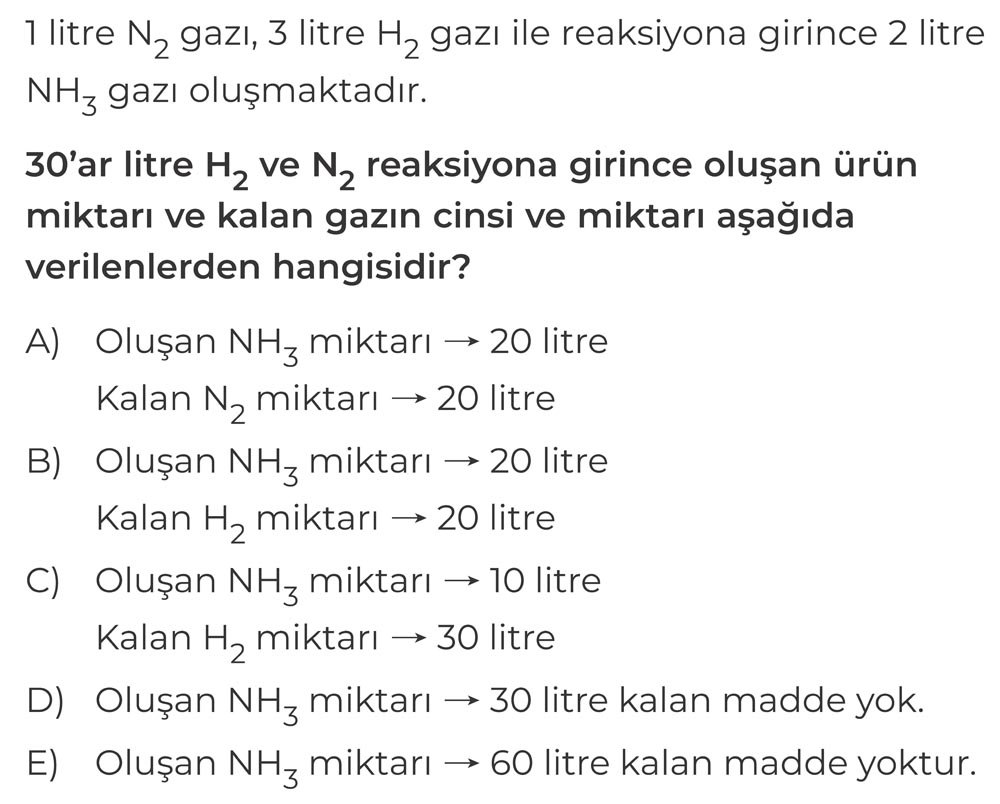1 litre N₂ gazı, 3 litre H₂ gazı ile reaksiyona girince 2 litre NH₃ gazı oluşmaktadır. 30'ar litre