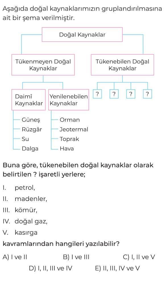 Aşağıda doğal kaynaklarımızın gruplandırılmasına ait bir şema verilmiştir. Buna göre, tükenebilen