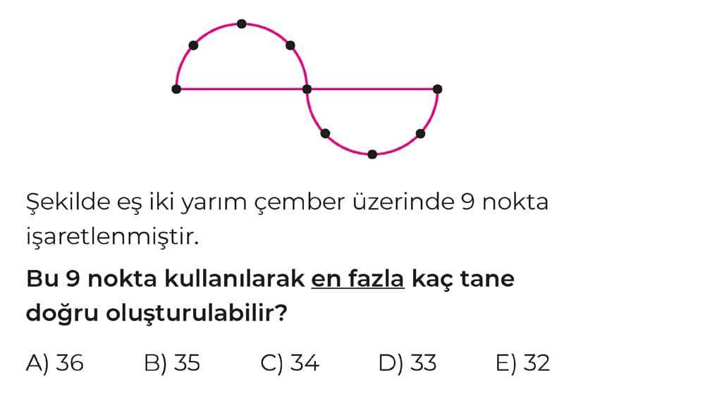 Şekilde eş iki yarım çember üzerinde 9 nokta işaretlenmiştir. Bu 9 nokta kullanılarak en fazla kaç