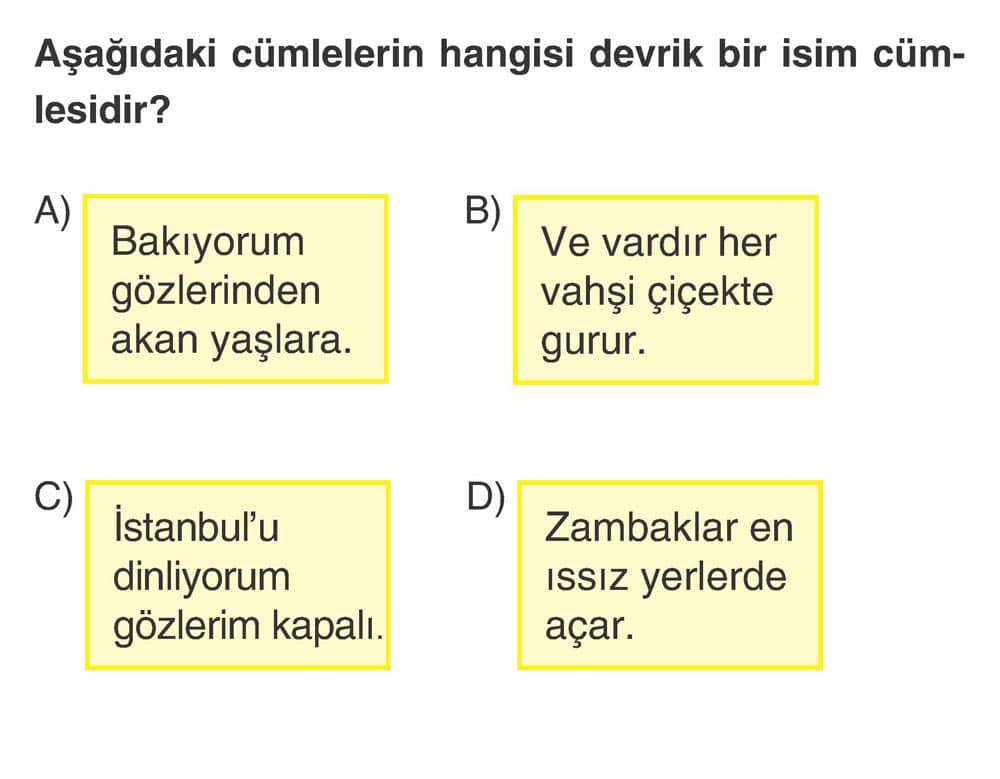 Aşağıdaki cümlelerin hangisi devrik bir isim cümlesidir?