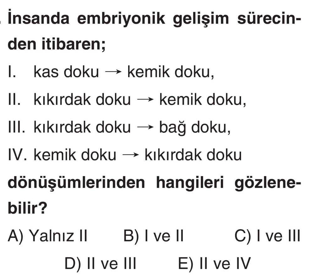 İnsanda embriyonik gelişim sürecinden itibaren; I. kas doku → kemik doku, II. kıkırdak doku → kemik