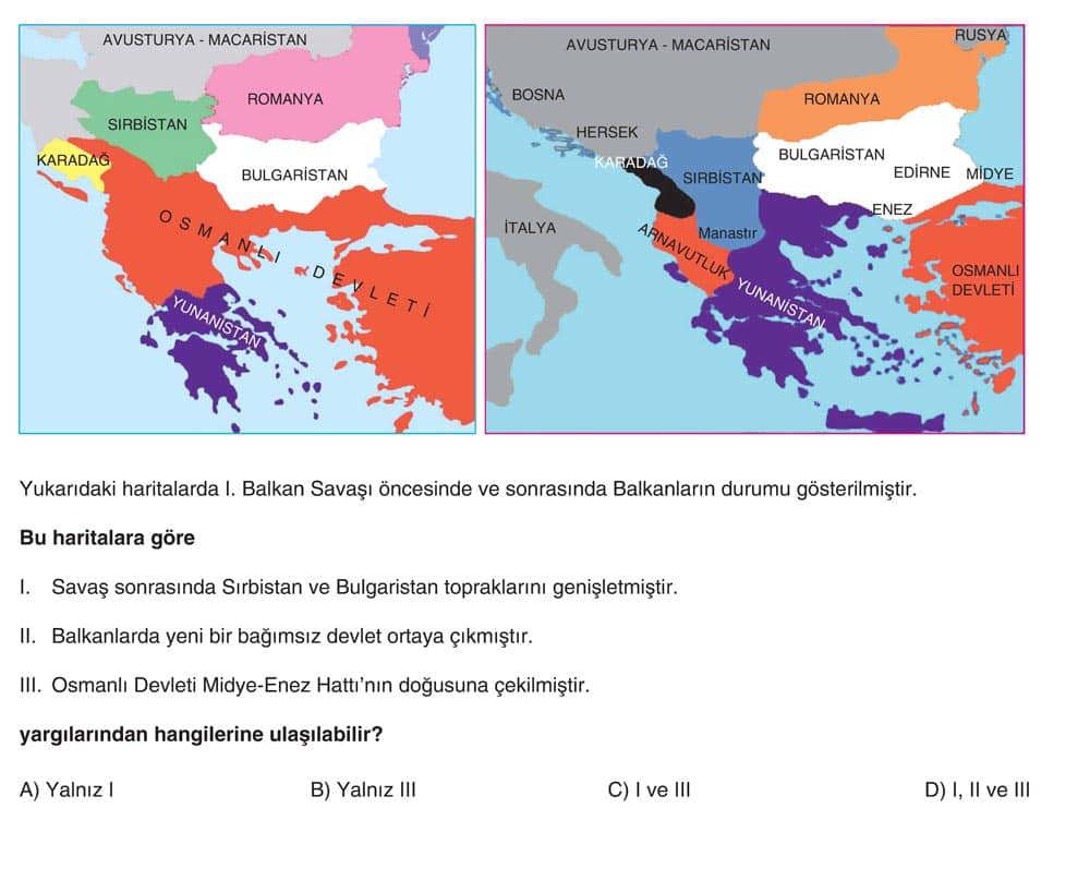 Yukarıdaki haritalarda I. Balkan Savaşı öncesinde ve sonrasında Balkanların durumu gösterilmiştir