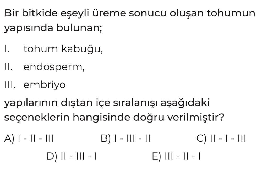Bir bitkide eşeyli üreme sonucu oluşan tohumun yapısında bulunan; I. tohum kabuğu, II. endosperm