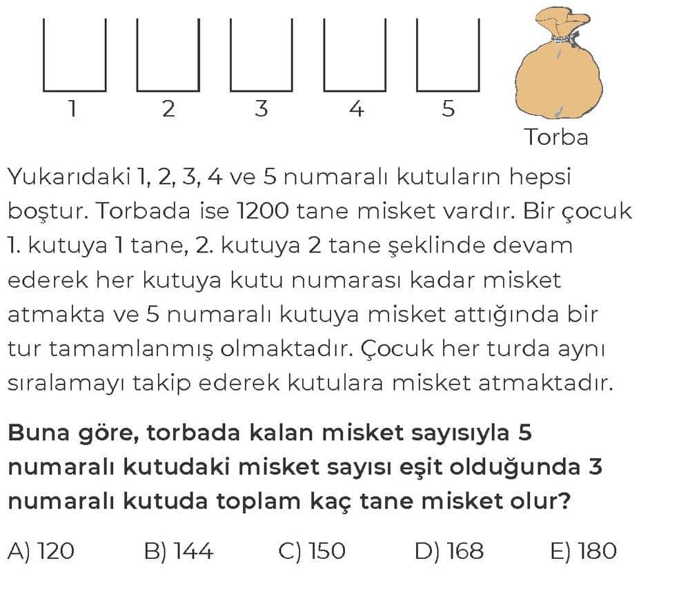 Yukarıdaki 1, 2, 3, 4 ve 5 numaralı kutuların hepsi boştur. Torbada ise 1200 tane misket vardır. Bir