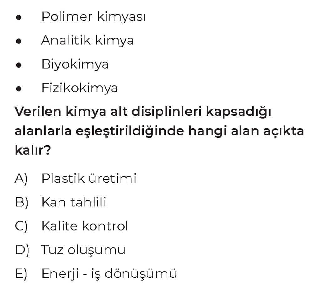 • Polimer kimyası • Analitik kimya • Biyokimya • Fizikokimya Verilen kimya alt disiplinleri